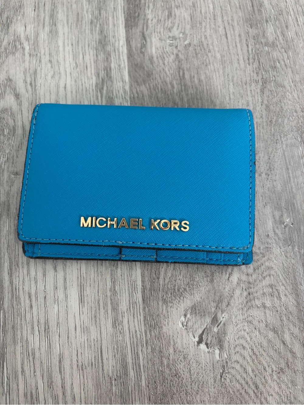 Michael Kors Bright Blue Saffiano Leather Card Case with Gold Logo